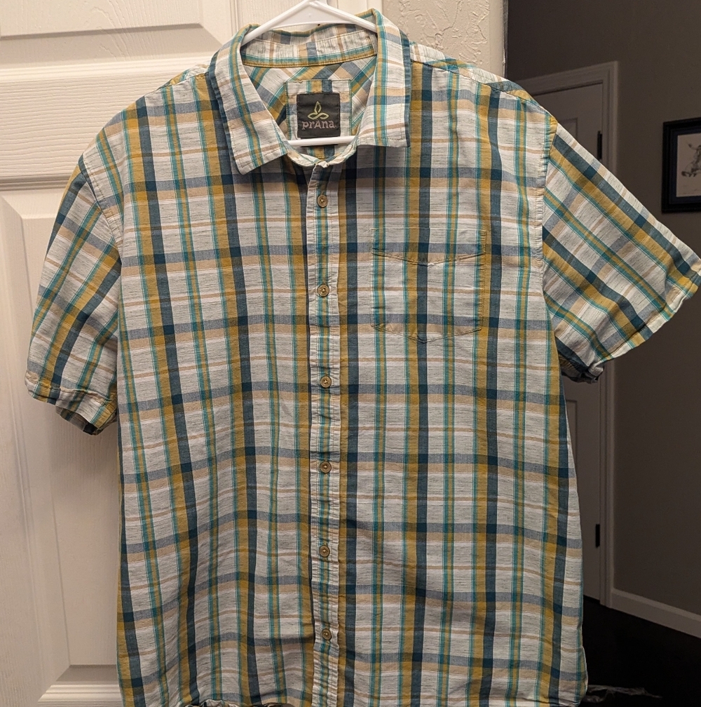 Prana Men's Casual Plaid Shirt - Blue, Green, and Yellow Sz XL